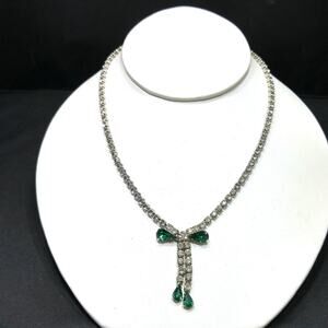 Vintage 1960s Green Clear Rhinestone Choker Necklace, Rhodium Plated